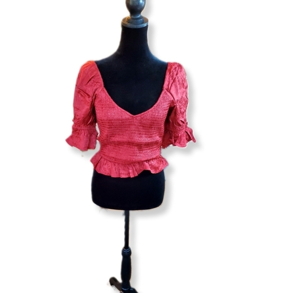 NWT Band of Gypsies Lea Rhubarb Smocked Crop Top Sz M - Picture 1 of 9